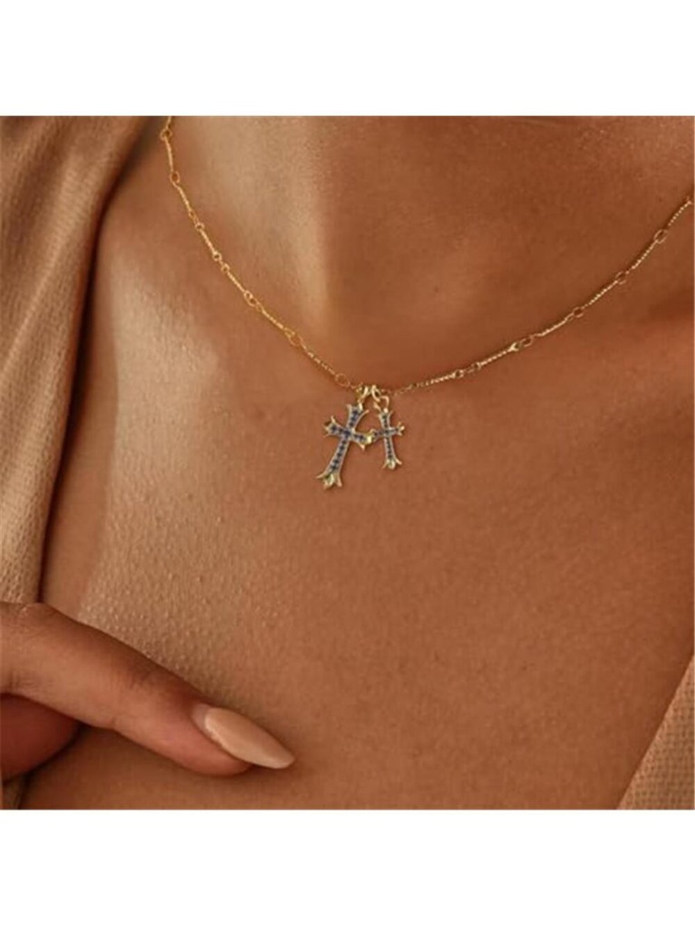 Cross Necklace 14K Gold/Silver Plated Double Cross Pendant Necklace